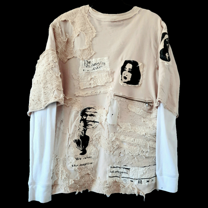 '𝘊𝘺 𝘛𝘸𝘰𝘮𝘣𝘭𝘺' Distressed Beige Sweater with Layered Sleeves