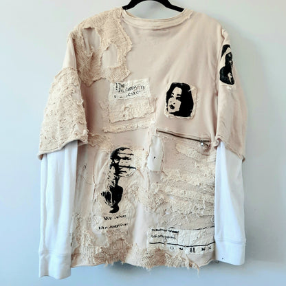 '𝘊𝘺 𝘛𝘸𝘰𝘮𝘣𝘭𝘺' Distressed Beige Sweater with Layered Sleeves